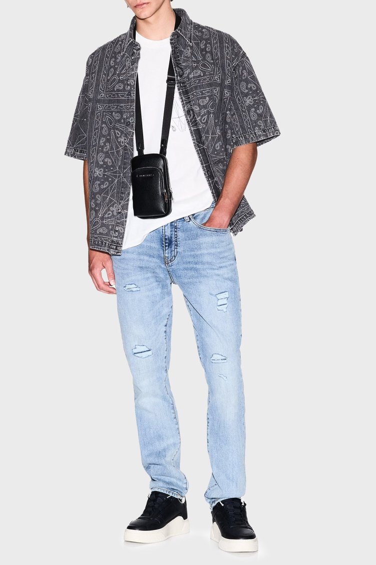 Armani Exchange Yırtıklı Streç Pamuklu Skinny Fit Normal Bel Dar Paça Jeans Erkek Kot Pantolon XM000070 AF15188 MB003 AÇIK MAVİ - Armani Exchange