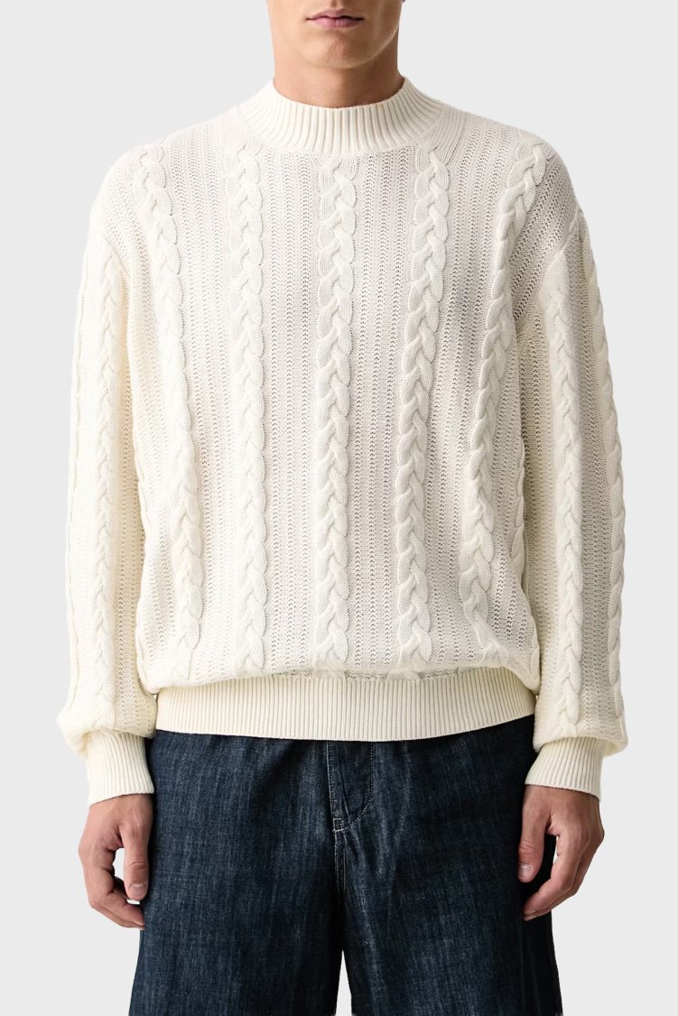 Armani Exchange Yün Karışımlı Örgü Desenli Bisiklet Yaka Erkek Kazak XM003563 AF14008 U0007 Kırık beyaz - Armani Exchange
