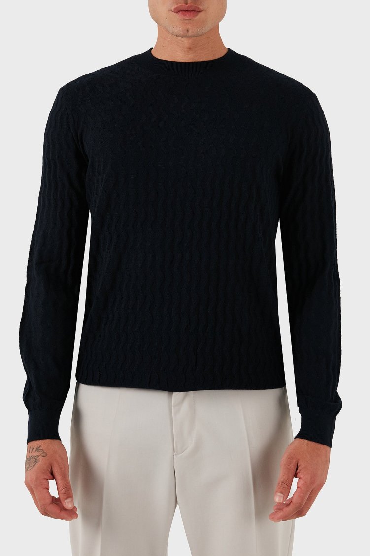 Armani Exchange Yün Karışımlı Regular Fit Bisiklet Yaka Dalgalı Dokuma Erkek Kazak XM001560 AF11982 FB065 LACİVERT - Armani Exchange