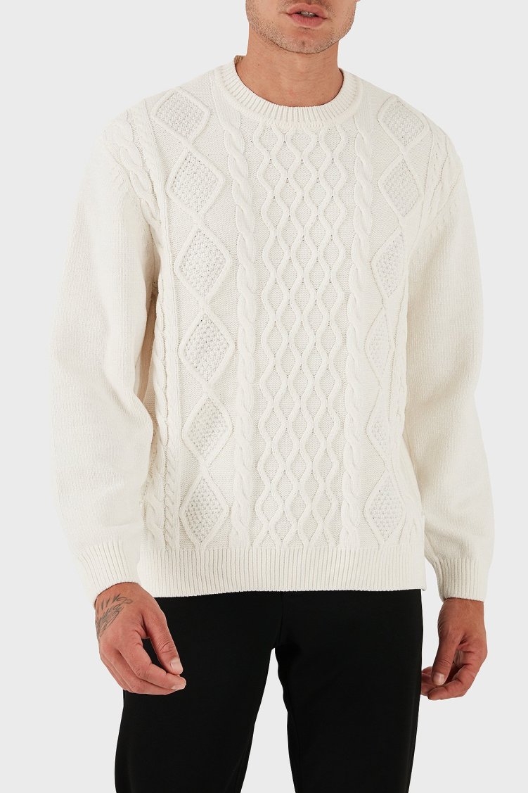Armani Exchange Yün Karışımlı Regular Fit Bisiklet Yaka Örgülü Erkek Kazak XM001331 AF13776 U0009 BEYAZ - Armani Exchange