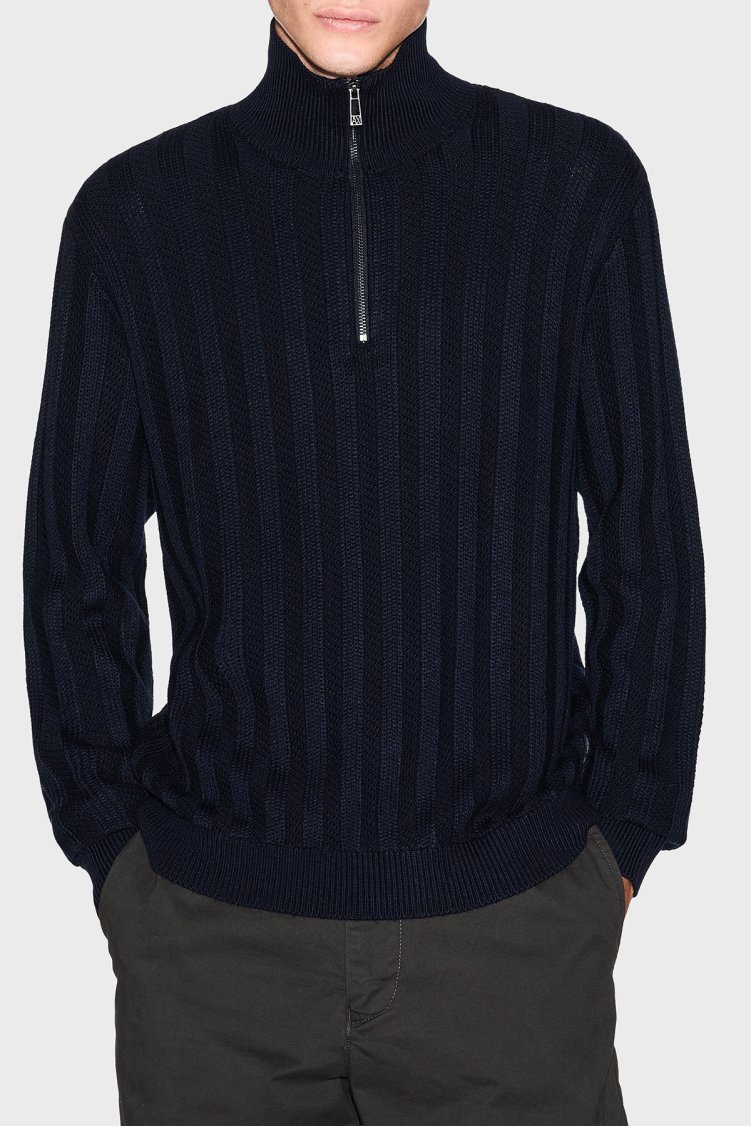 Armani Exchange Yün Karışımlı Relaxed Fit Yarım Fermuarlı Dik Yaka Erkek Kazak XM001332 AF13776 UB101 LACİVERT - Armani Exchange