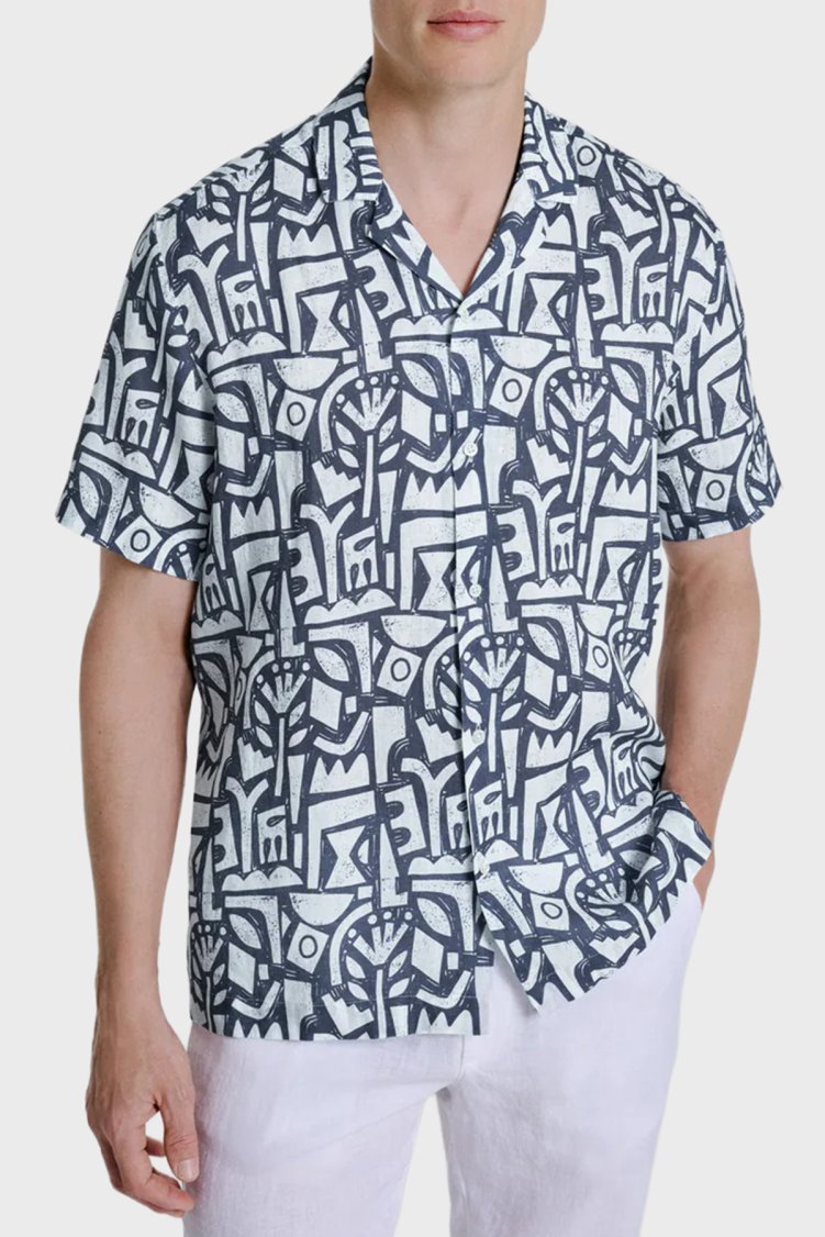 Bluemint Comfort Desenli % 100 Keten Kısa Kollu Erkek Gömlek MARSPRINT 1302 BEYAZ-LACİVERT - Bluemint