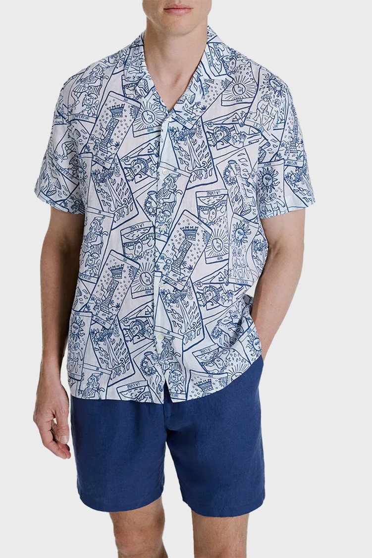 Bluemint Comfort Desenli % 100 Keten Kısa Kollu Erkek Gömlek MARSPRINT 1302 BEYAZ-LACİVERT - Bluemint