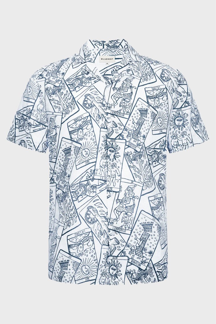 Bluemint Comfort Desenli % 100 Keten Kısa Kollu Erkek Gömlek MARSPRINT 1302 BEYAZ-LACİVERT - Bluemint (1)