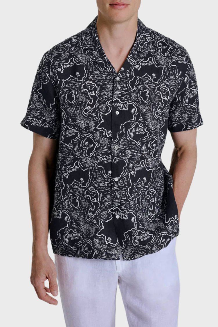 Bluemint Comfort Desenli % 100 Keten Kısa Kollu Erkek Gömlek MARSPRINT 1317 LACİVERT-BEYAZ - Bluemint