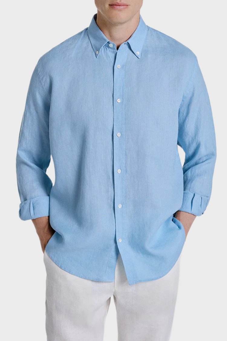 Bluemint Comfort Düğmeli Yaka Uzun Kollu Keten Erkek Gömlek MARTIN 318 MAVİ - Bluemint
