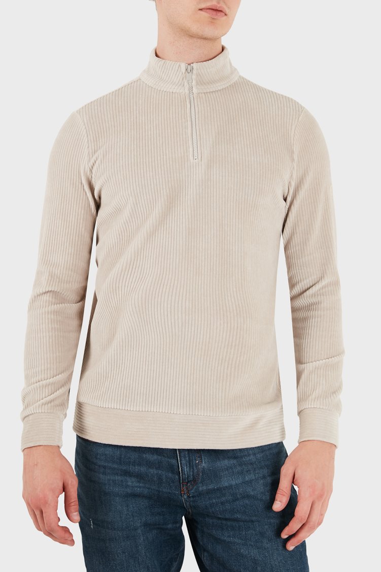 Bluemint Kadife Comfort Fit Yarım Fermuarlı Dik Yaka Erkek Sweat GAEL 1239 Bej - Bluemint