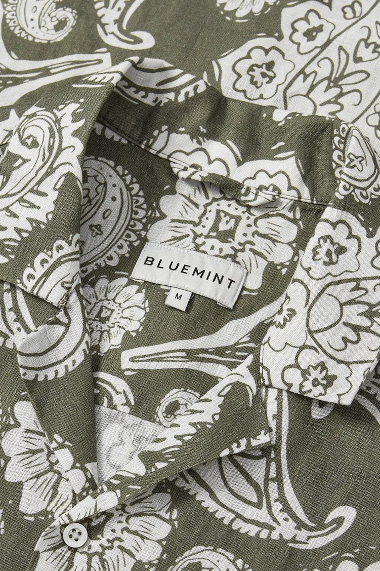 Bluemint Mars % 100 Keten Comfort Fit Kısa Kollu Erkek Gömlek BM24002135MS 1013 HAKİ-BEYAZ - Bluemint (1)