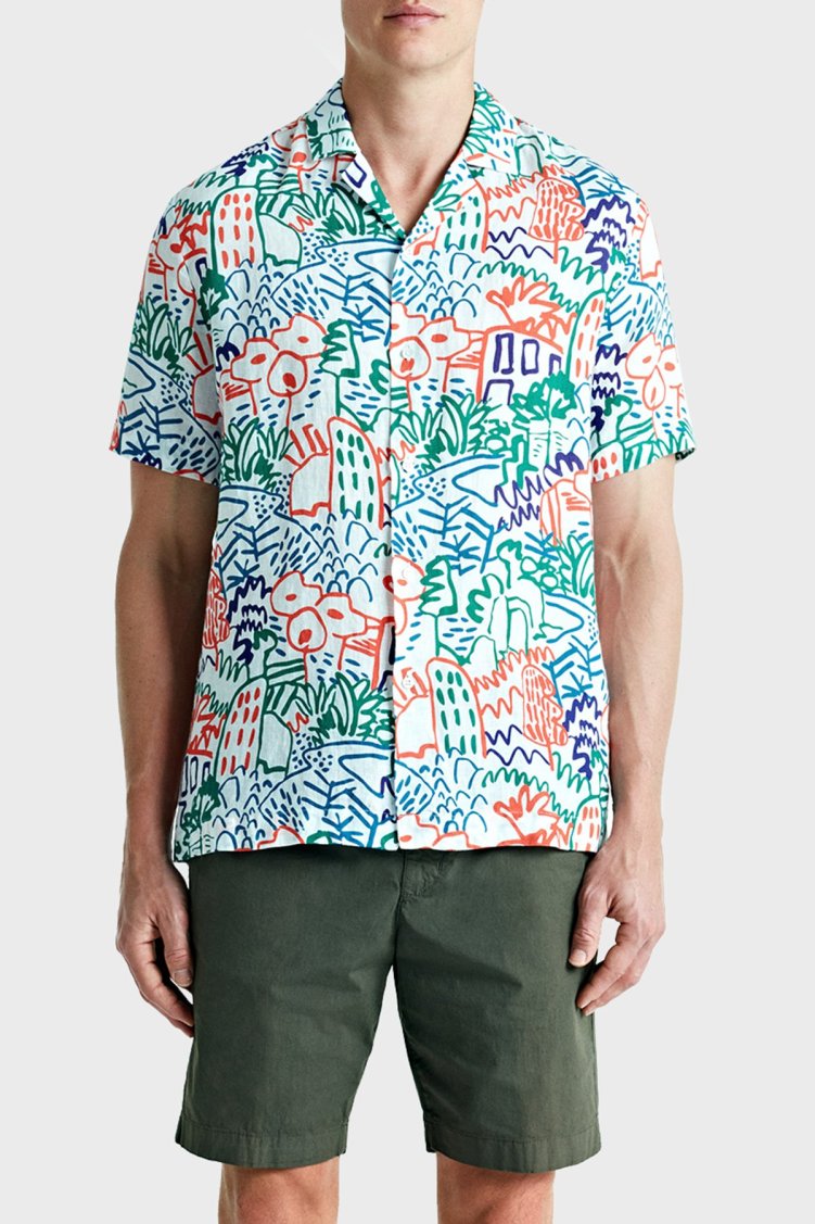Bluemint Mars % 100 Keten Desenli Comfort Fit Kısa Kollu Erkek Gömlek BM24002135MS 1010 BEYAZ - Bluemint