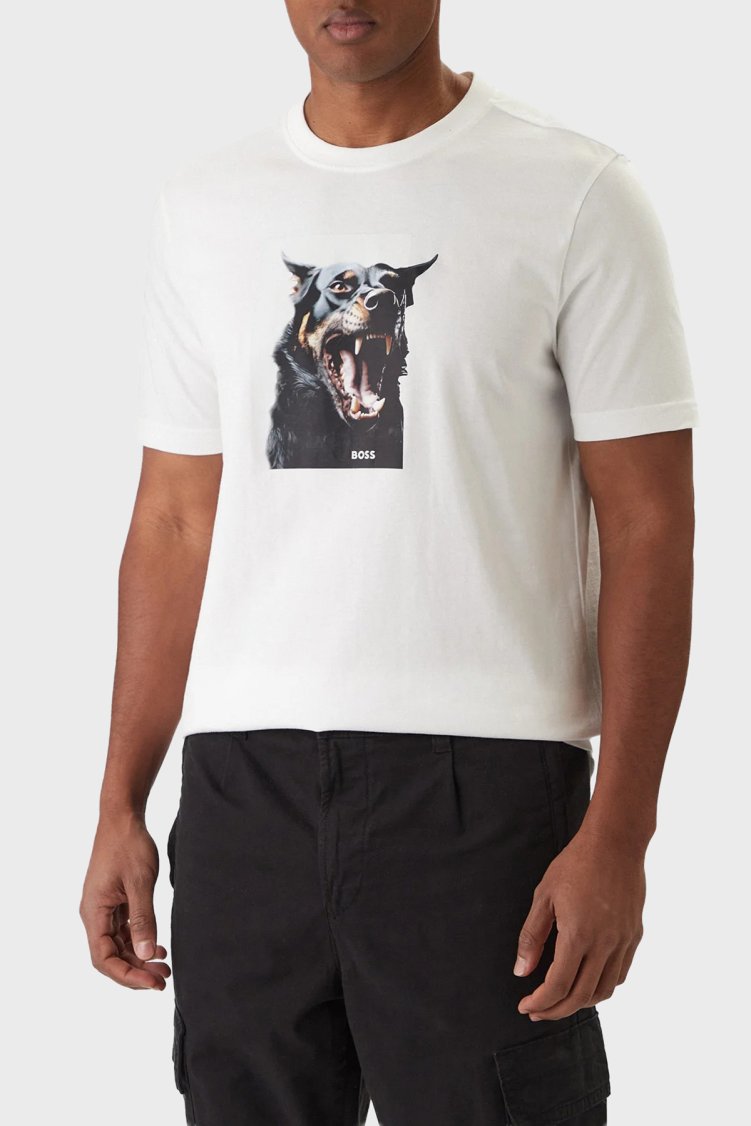 Boss Baskılı Pamuklu Regular Fit Bisiklet Yaka Erkek T Shirt 50558965 100 Beyaz - Boss