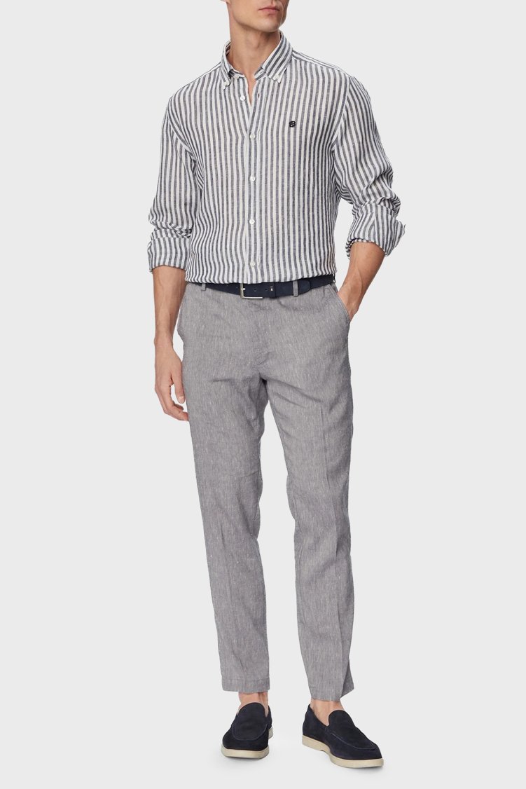 Boss Çizgili Regular Fit Klasik Yaka Uzun Kollu Keten Erkek Gömlek 50560595 404 LACİVERT - Boss (1)