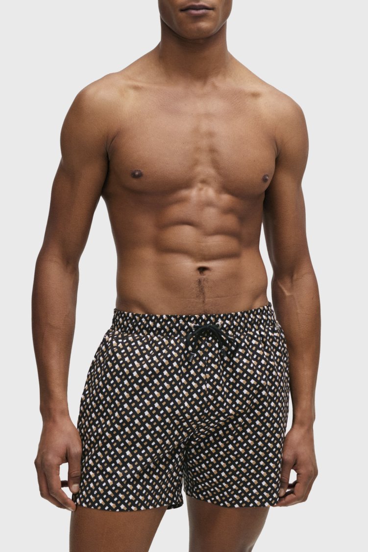 Boss Deniz Şortu Monogram Baskılı Tamamı Astarlı Hızlı Kuruyan Erkek Mayo Short 50515720 004 Siyah - Boss