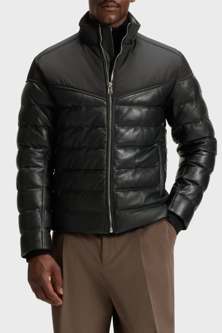 Boss Deri Regular Fit Dik Yaka Kapitoneli Şişme Erkek Mont 50547672 001 SİYAH - Boss