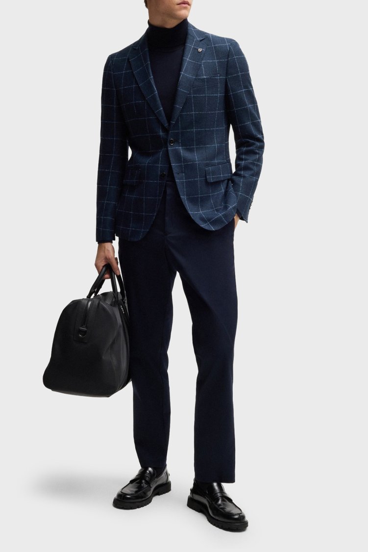 Boss Kareli Yünlü Slim Fit Çift Yırtmaçlı Blazer Erkek Ceket 50527998 404 LACİVERT - Boss (1)