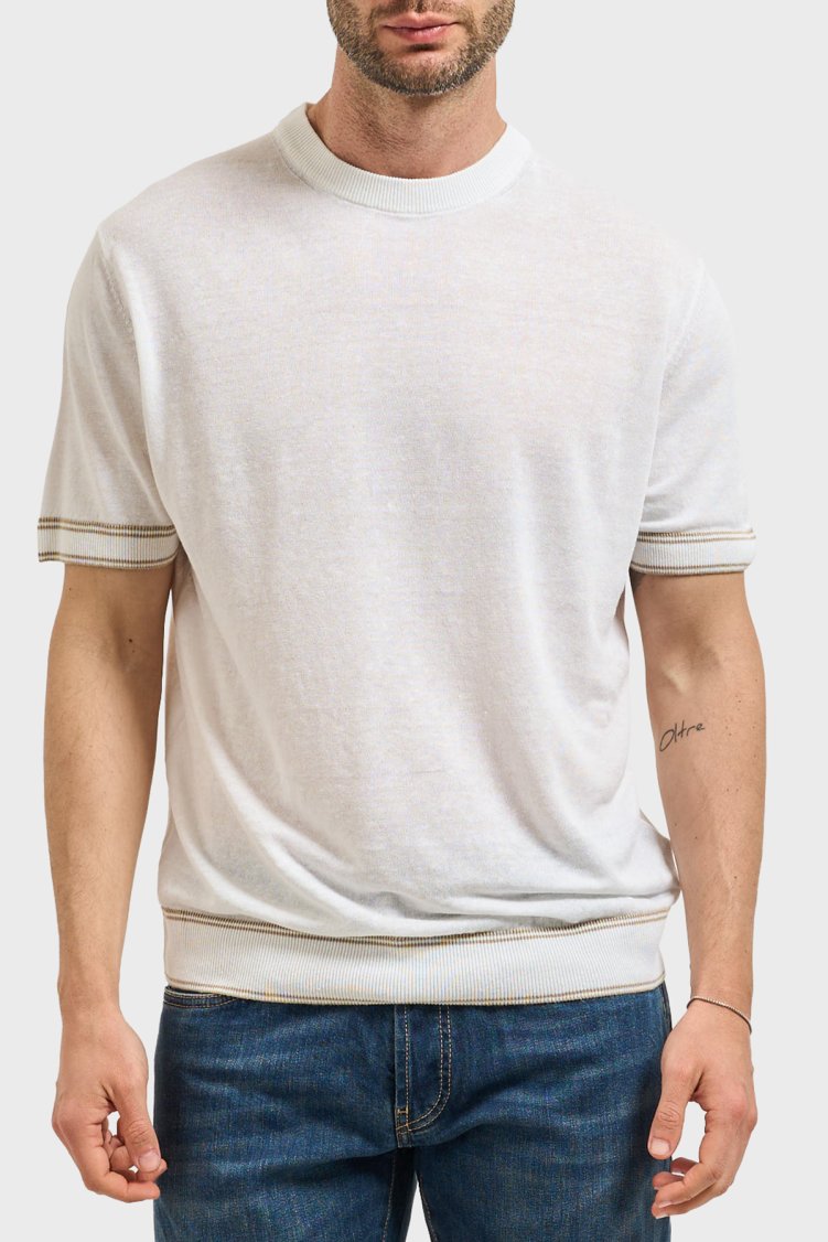 Boss Keten Karışımlı Kontrast Renk Detaylı Bisiklet Yaka Erkek T Shirt 50560491 100 BEYAZ - Boss