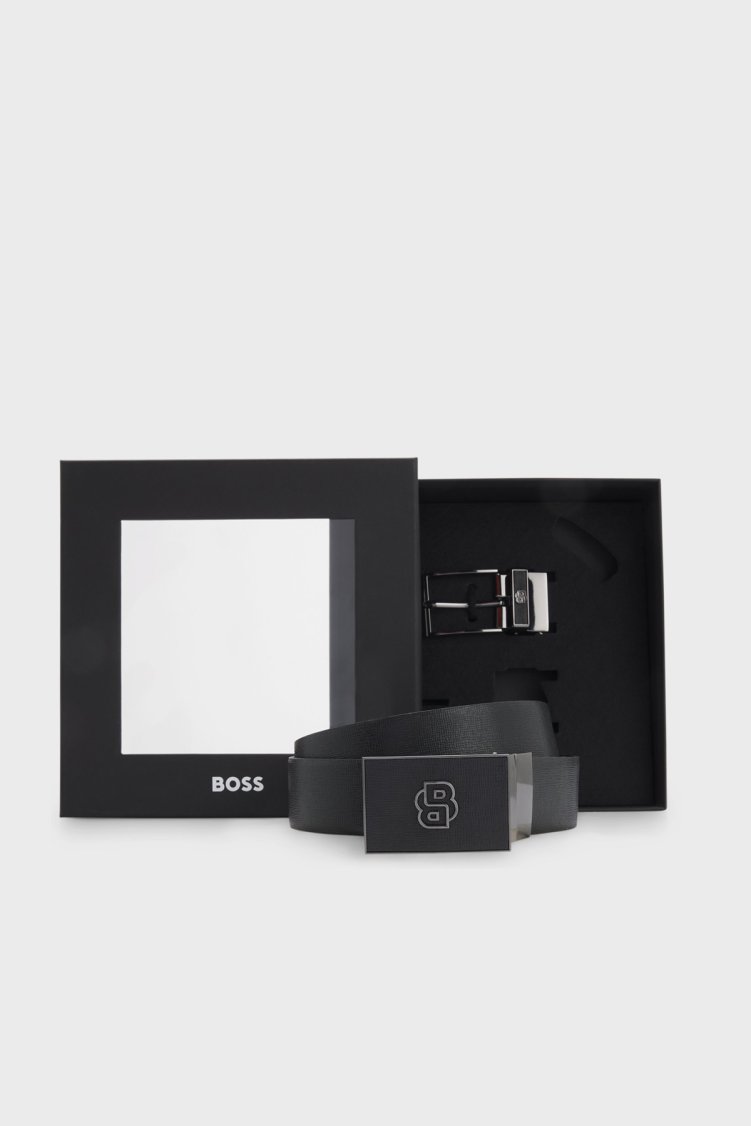 Boss Logolu Deri Çift Tokalı Erkek Kemer 50558761 001 SİYAH - Boss