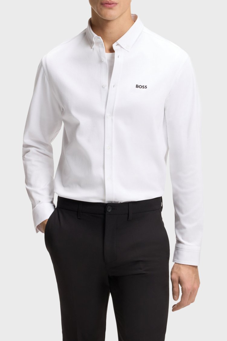 Boss Logolu Pamuklu Jarse Regular Fit Düğmeli Yaka Erkek Gömlek 50555946 100 BEYAZ - Boss