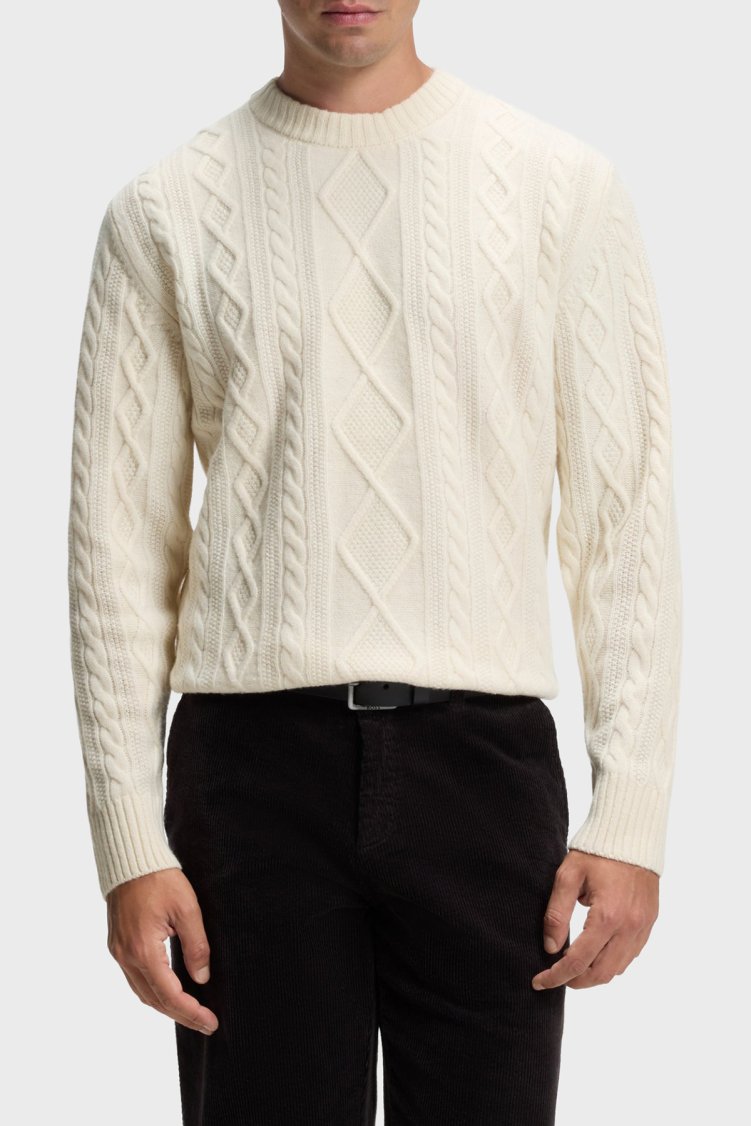Boss Örgülü Yünlü Regular Fit Bisiklet Yaka Erkek Kazak 50571421 131 Bej - Boss