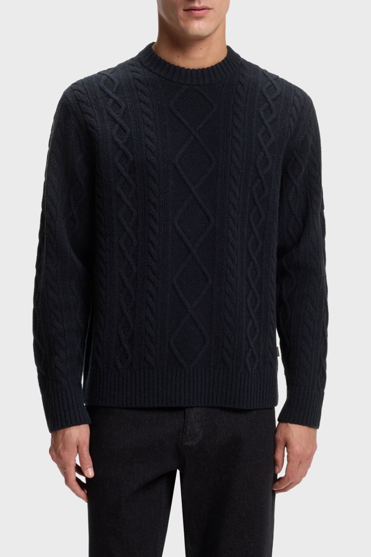 Boss Örgülü Yünlü Regular Fit Bisiklet Yaka Erkek Kazak 50571421 404 Lacivert - Boss