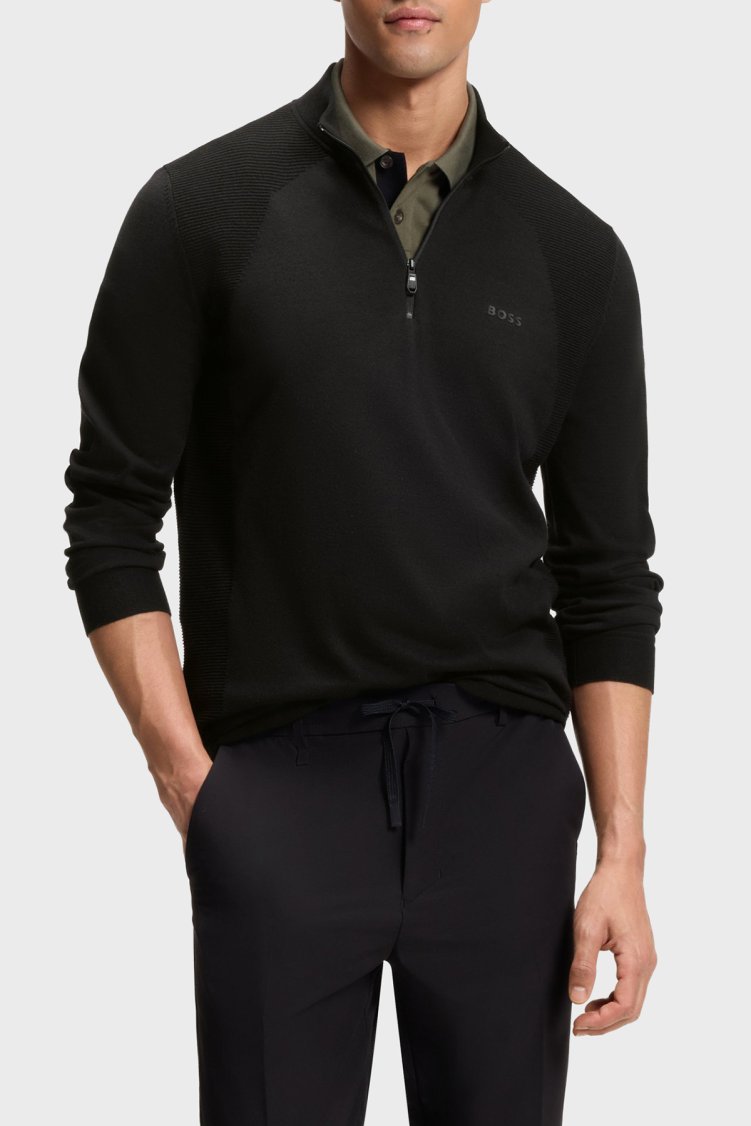 Boss Pamuk Karışımlı Regular Fit Yarım Fermuarlı Dik Yaka Erkek Kazak 50558352 001 Siyah - Boss