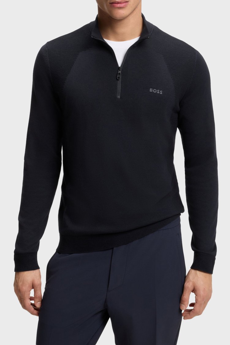 Boss Pamuk Karışımlı Regular Fit Yarım Fermuarlı Dik Yaka Erkek Kazak 50558352 402 Lacivert - Boss