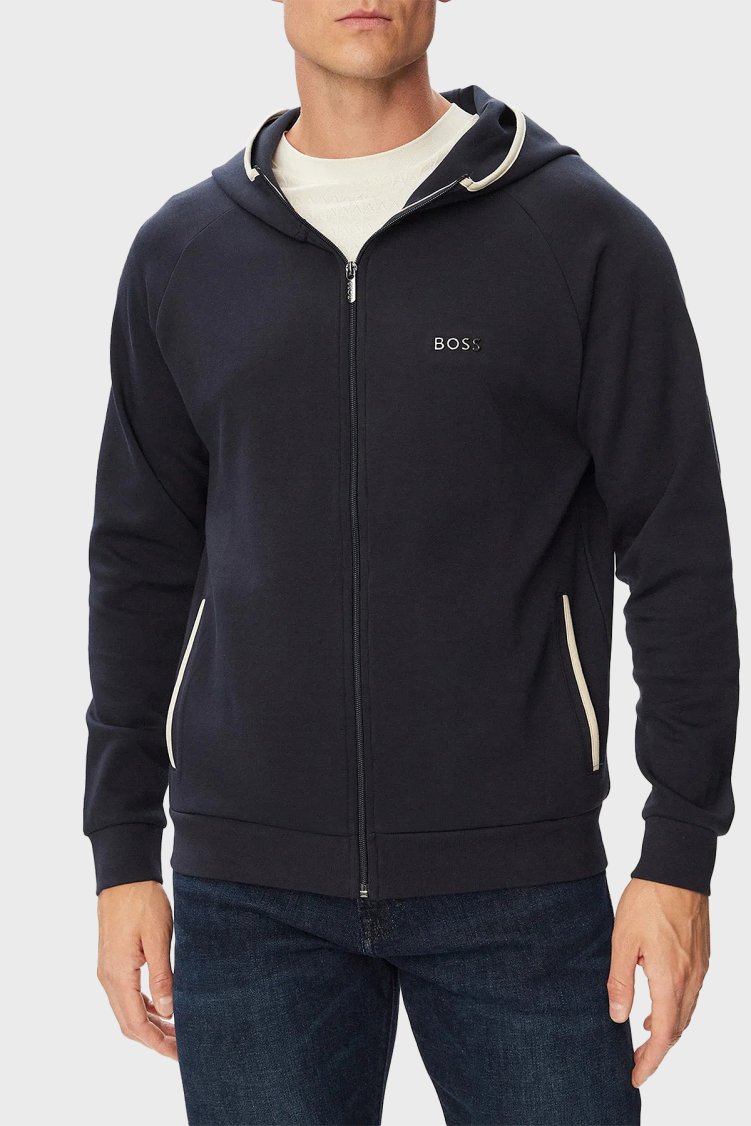 Boss Pamuklu Kapüşonlu Yaka Fermuarlı Erkek Sweat 50566916 403 Lacivert - Boss
