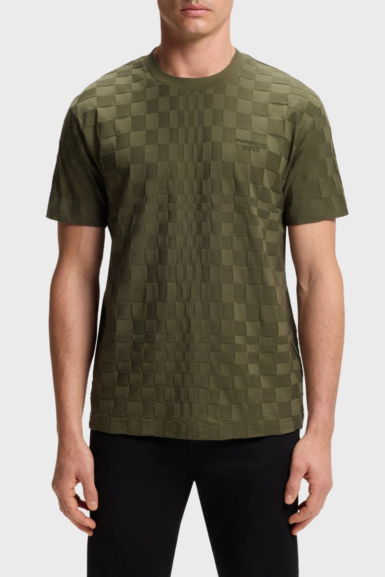 Boss Pamuklu Relaxed Fit Bisiklet Yaka Jakarlı Erkek T Shirt 50559821 347 HAKİ - Boss