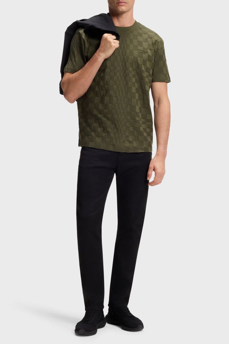 Boss Pamuklu Relaxed Fit Bisiklet Yaka Jakarlı Erkek T Shirt 50559821 347 HAKİ - Boss (1)