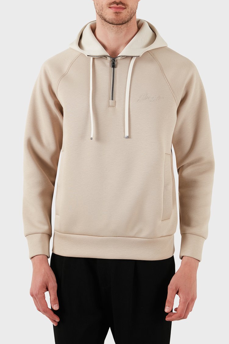 Boss Pamuklu Relaxed Fit Yarım Fermuarlı Kapüşonlu Yaka Erkek Sweat 50531360 275 BEJ - Boss