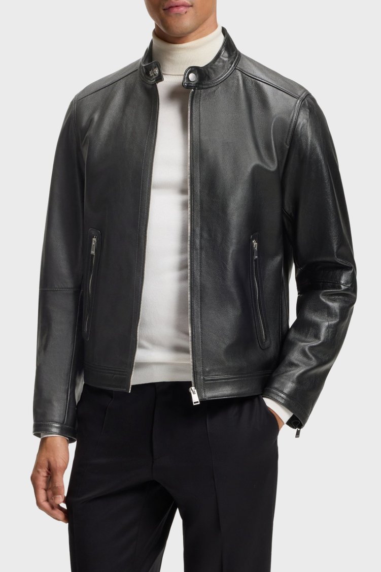 Boss Regular Fit Dik Yaka Erkek Deri Ceket 50564586 001 Siyah - Boss