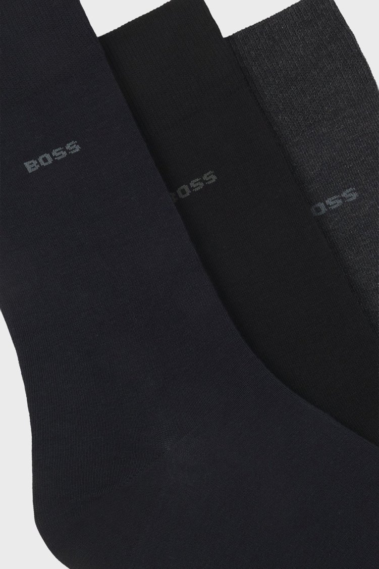 Boss Streç Pamuku Logolu Uzun 3 Pack Erkek Çorap 50469839 968 Siyah-Gri-Antrasit - Boss (1)