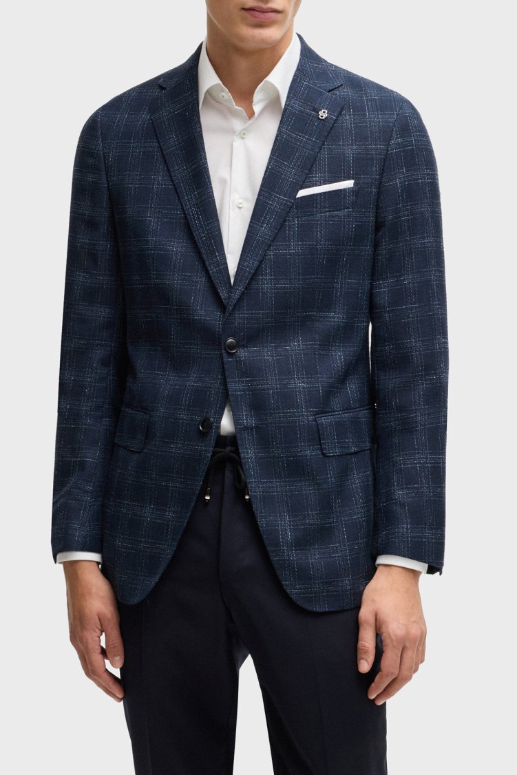 Boss Yün Karışımlı Slim Fit Mono Yaka Kareli Klasik Erkek Ceket 50535057 404 LACİVERT - Boss