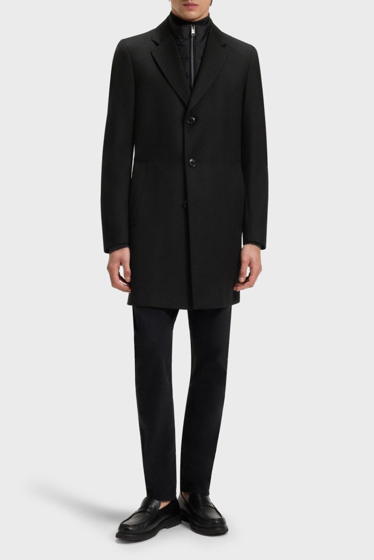 Boss Yün Karışımlı Su İtici Slim Fit Çıkarılabilir Yaka Uzun Erkek Kaban 50551117 001 SİYAH - Boss