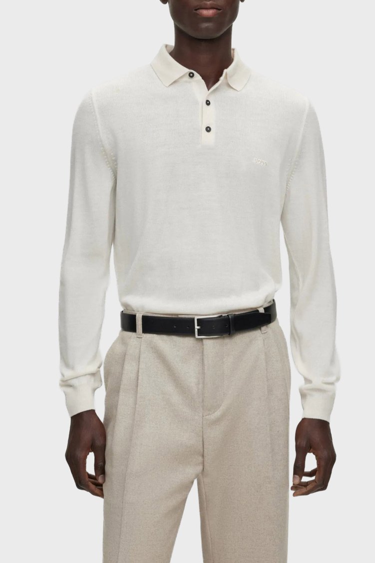 Boss Yünlü Regular Fit Düğmeli Erkek Polo Yaka Kazak 50476357 131 EKRU - Boss
