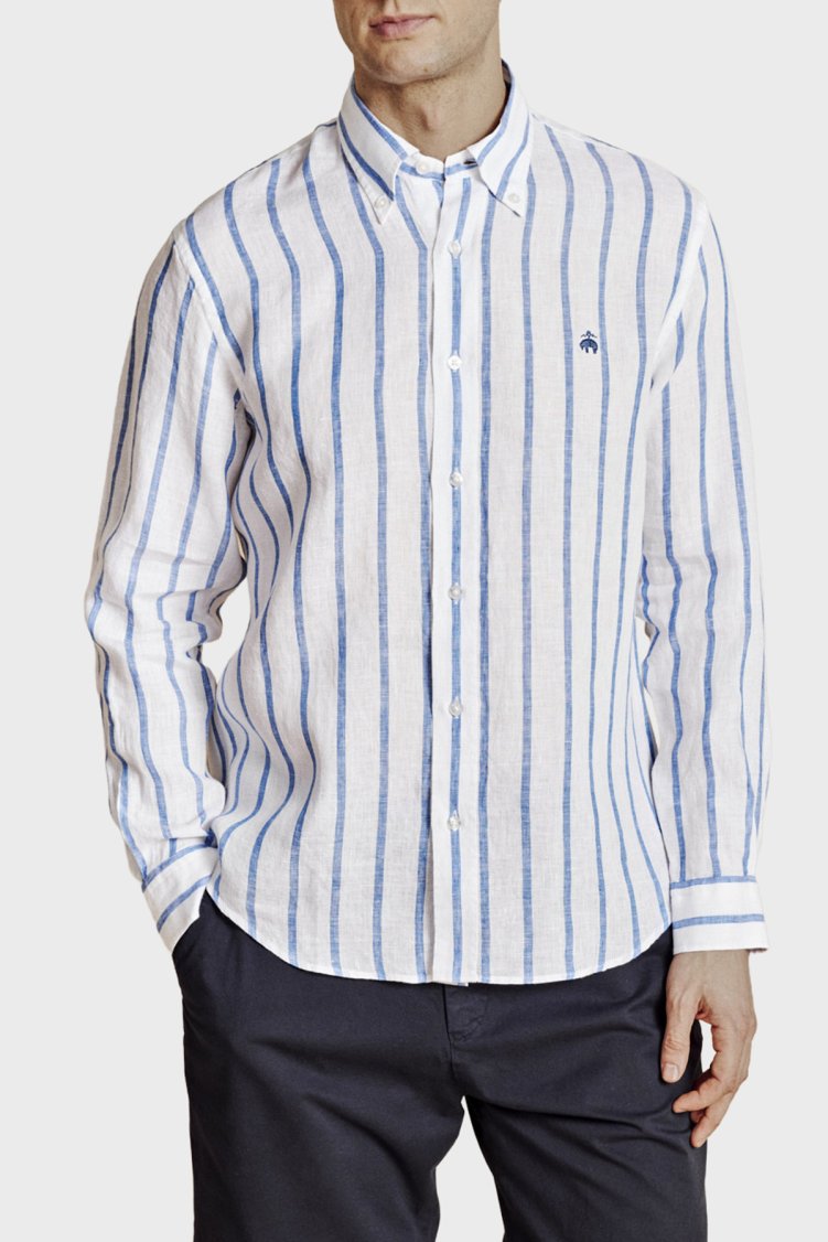 Brooks Brothers % 100 Keten Düğmeli Yaka Çizgili Erkek Gömlek BBSS26MSH013175 MAVİ-BEYAZ - Brooks Brothers