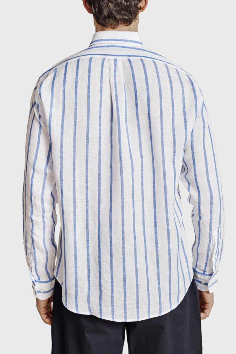 Brooks Brothers % 100 Keten Düğmeli Yaka Çizgili Erkek Gömlek BBSS26MSH013175 MAVİ-BEYAZ - Brooks Brothers (1)