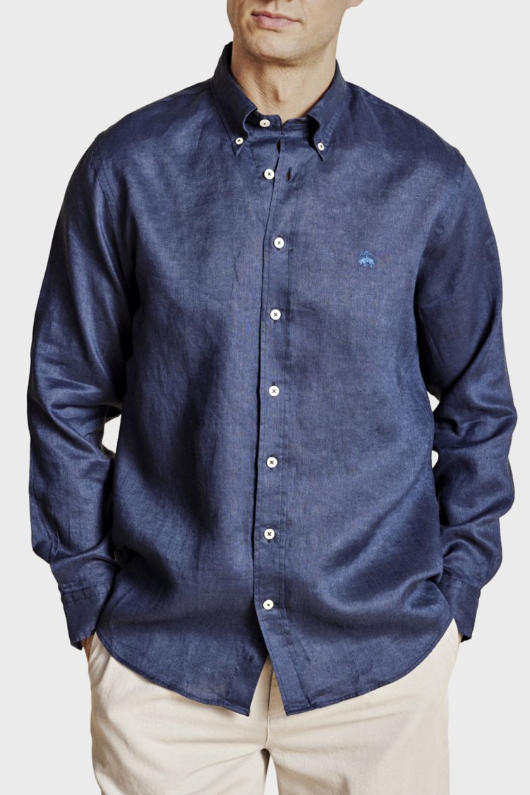 Brooks Brothers % 100 Keten Düğmeli Yaka Regular Fit Uzun Kollu Erkek Gömlek BBSS26MSH022137 LACİVERT - Brooks Brothers