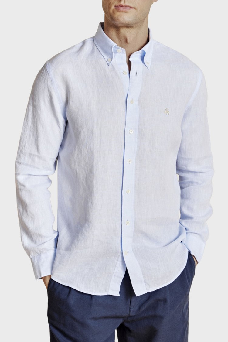 Brooks Brothers % 100 Keten Regular Fit Düğmeli Yaka Erkek Gömlek BBSS26MSH022116 AÇIK MAVİ - Brooks Brothers