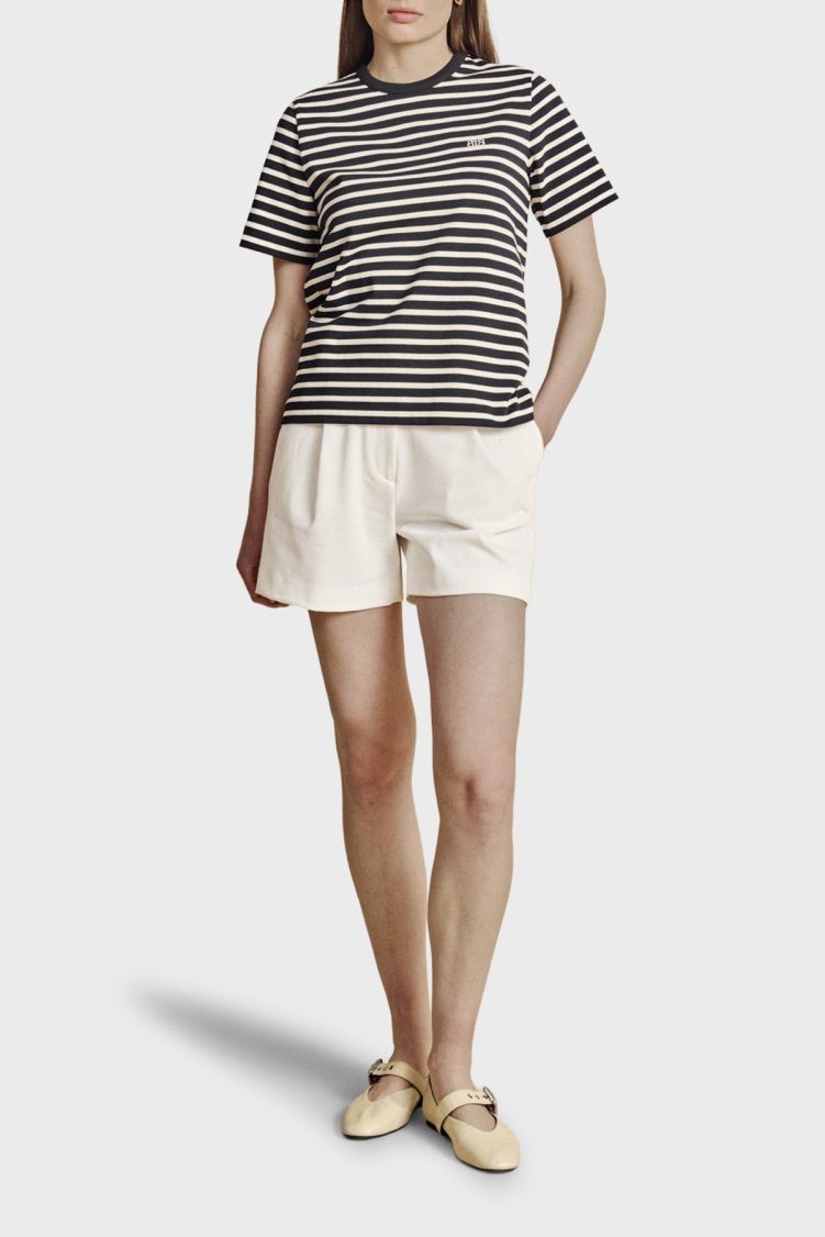 Brooks Brothers % 100 Pamuk Çizgili Bisiklet Yaka Fermuar Detaylı T-Shirt Kadın T Shirt BBSS26FTS003275 LACİVERT-EKRU - Brooks Brothers (1)