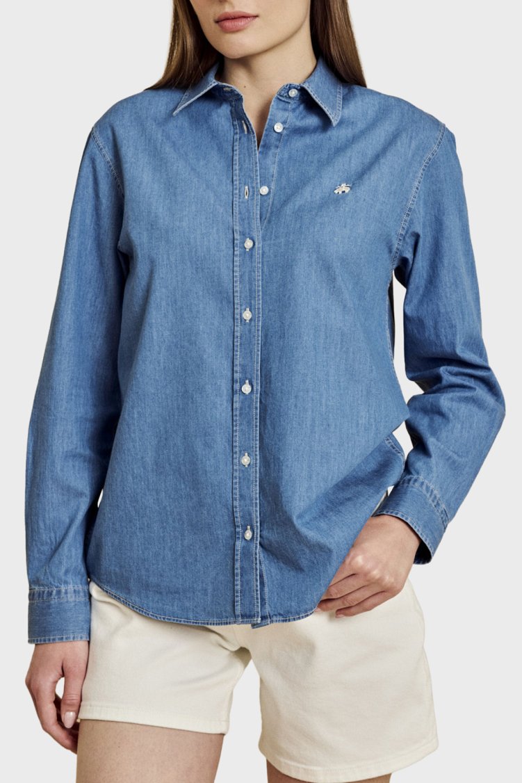 Brooks Brothers %100 Pamuk Logo Nakışlı Denim Görünümlü Kadın Gömlek BBSS26FDS001115 MAVİ - Brooks Brothers