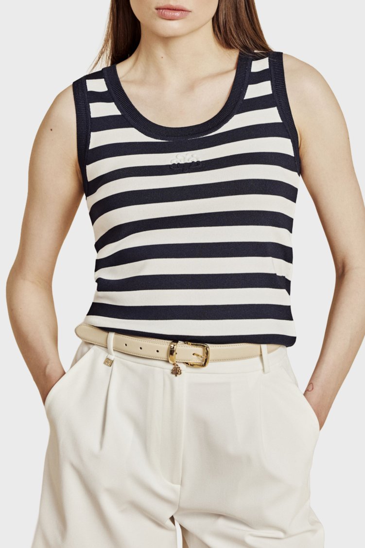 Brooks Brothers Çizgili Bisiklet Yaka Kadın Atlet BBSS26FKT010388 Lacivert-Kırık Beyaz - Brooks Brothers