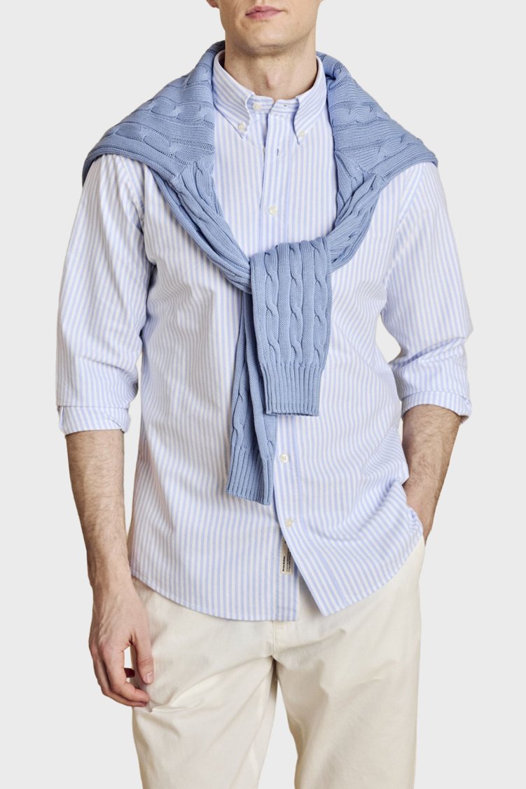 Brooks Brothers Düğmeli Yaka Regular Fit %100 Pamuk Oxford Çizgili Erkek Gömlek BBSS26MSH021145 Beyaz Mavi - Brooks Brothers