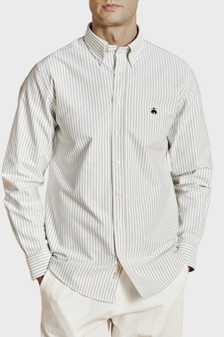 Brooks Brothers Düğmeli Yaka Regular Fit %100 Pamuk Oxford Çizgili Erkek Gömlek BBSS26MSH021166 YEŞİL-BEYAZ - Brooks Brothers