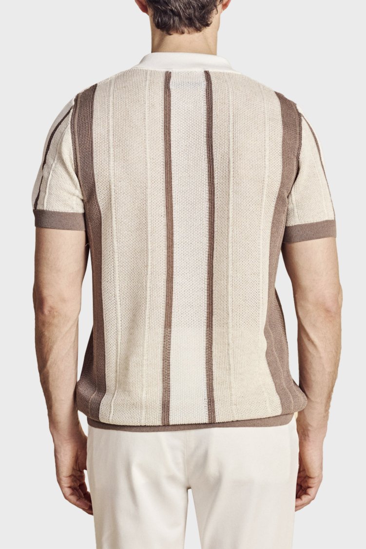 Brooks Brothers Düğmesiz Çizgili Keten Karışımlı Kısa Kollu Erkek Polo Yaka Kazak BBSS26MKL008463 Vizon-Ekru-Beyaz - Brooks Brothers (1)