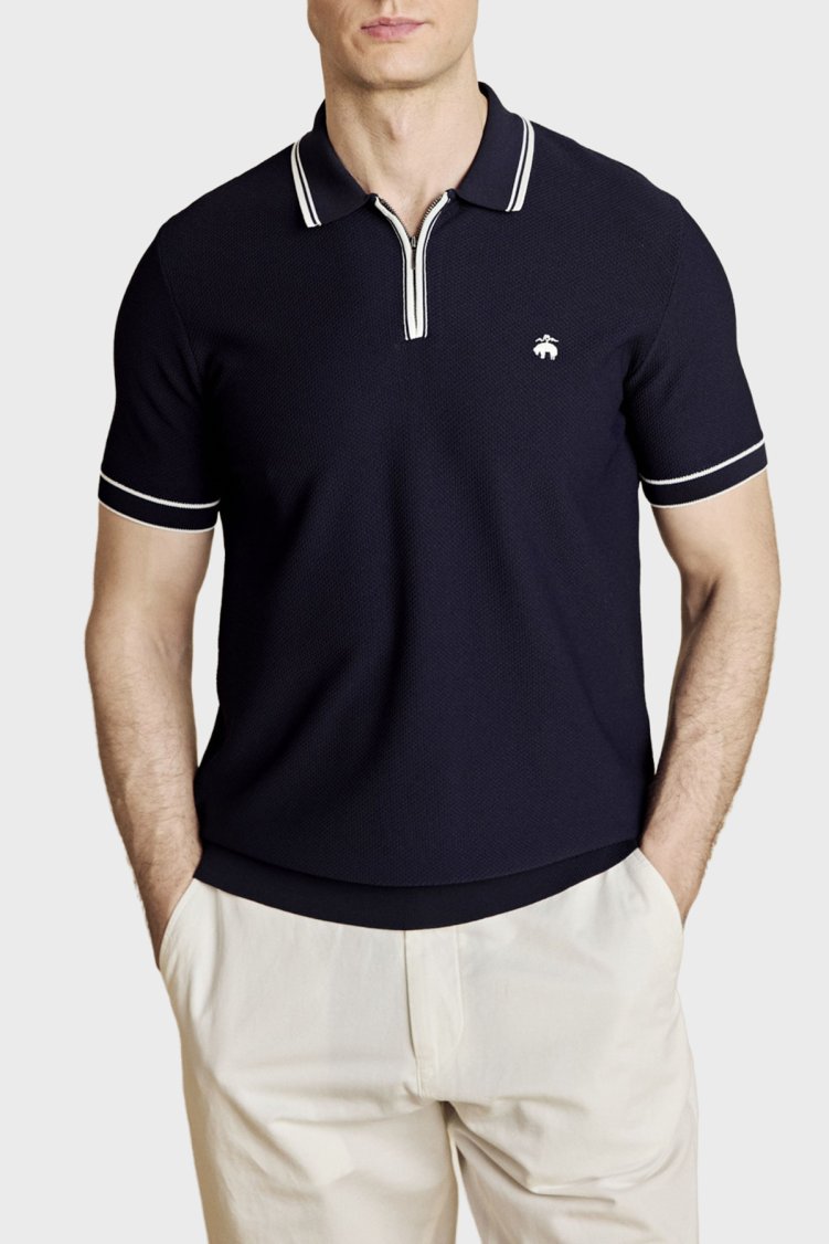 Brooks Brothers Petek Örgü Rayon Kısa Kollu Fermuarlı Erkek Polo Yaka Kazak BBSS26MKL007388 Lacivert Kırık Beyaz - Brooks Brothers