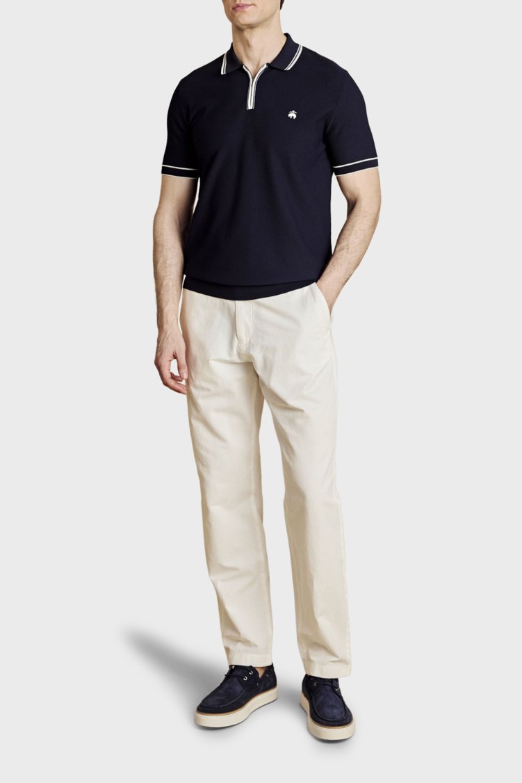 Brooks Brothers Petek Örgü Rayon Kısa Kollu Fermuarlı Erkek Polo Yaka Kazak BBSS26MKL007388 Lacivert Kırık Beyaz - Brooks Brothers (1)