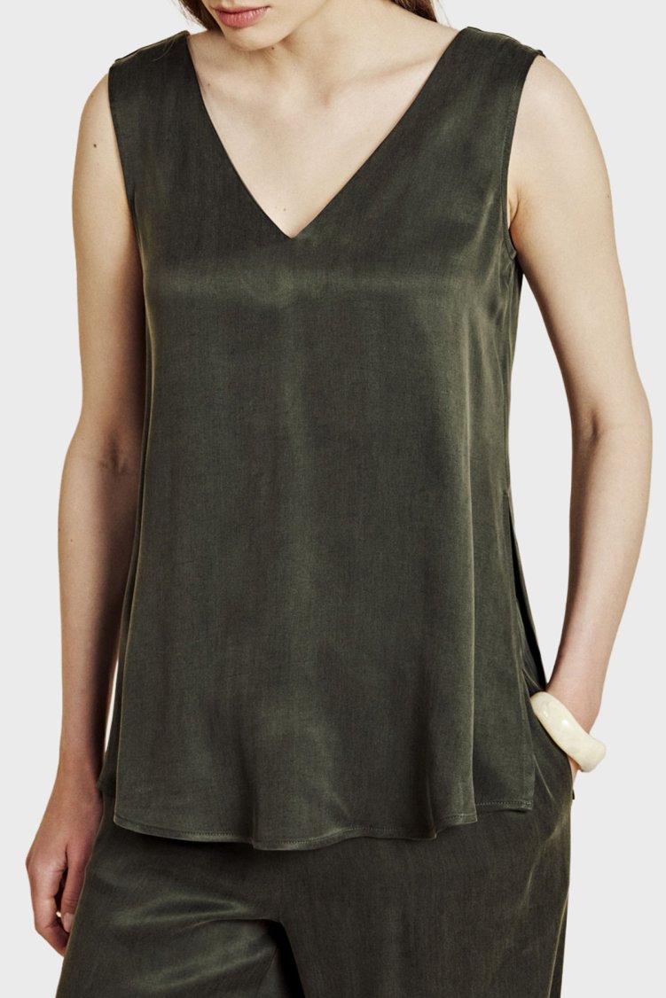 Brooks Brothers V Yaka Cupro Kadın Bluz BBSS26FBU002128 HAKİ - Brooks Brothers