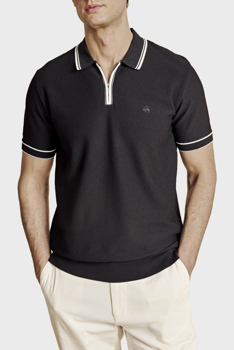 Brooks Brothers Yarım Fermuarlı Petek Örgü Rayon Kısa Kol Erkek Polo Yaka Kazak BBSS26MKL007386 Siyah-Kırık Beyaz - Brooks Brothers