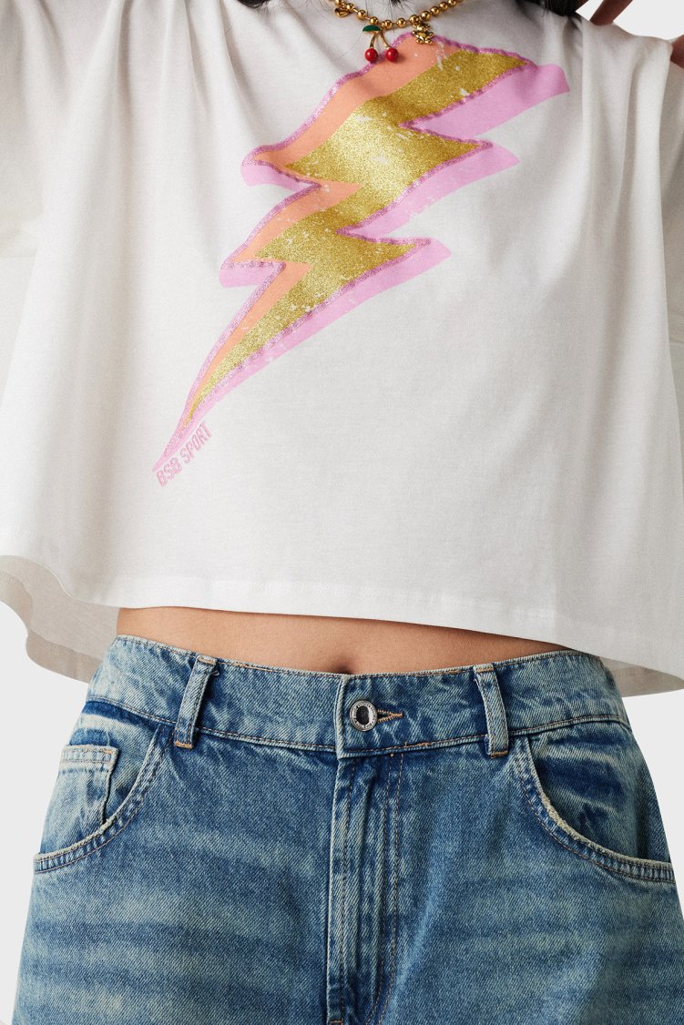 BSB Simli % 100 Pamuk Regular Fit Bisiklet Yaka Crop Kadın T Shirt 053-210114.004 BEYAZ - BSB (1)
