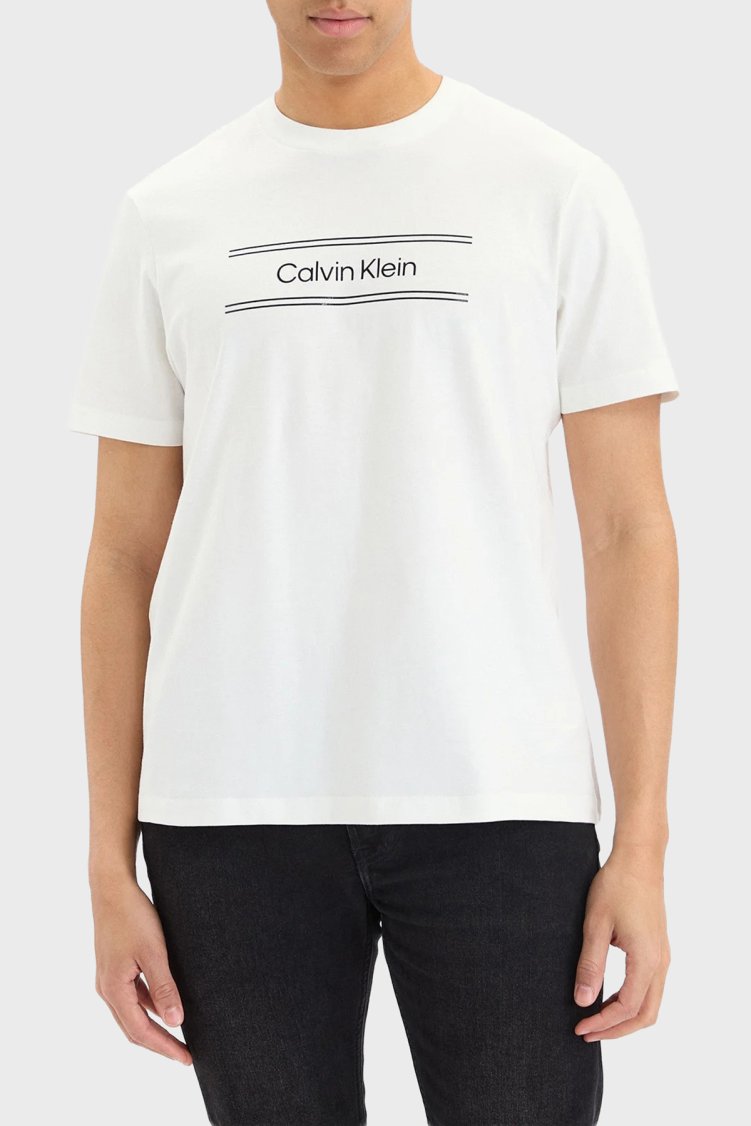 Calvin Klein % 100 Pamuk Bisiklet Yaka Logolu LV04LG813GYAF Erkek T Shirt LV04LG813G YAF BEYAZ - Calvin Klein